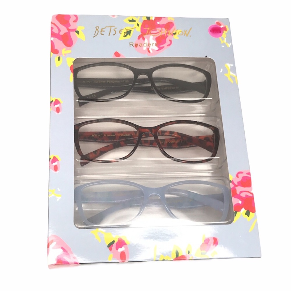 Betsey Johnson 3 Pack Reading Glasses +2.50 Black Blue Tortoise Shell